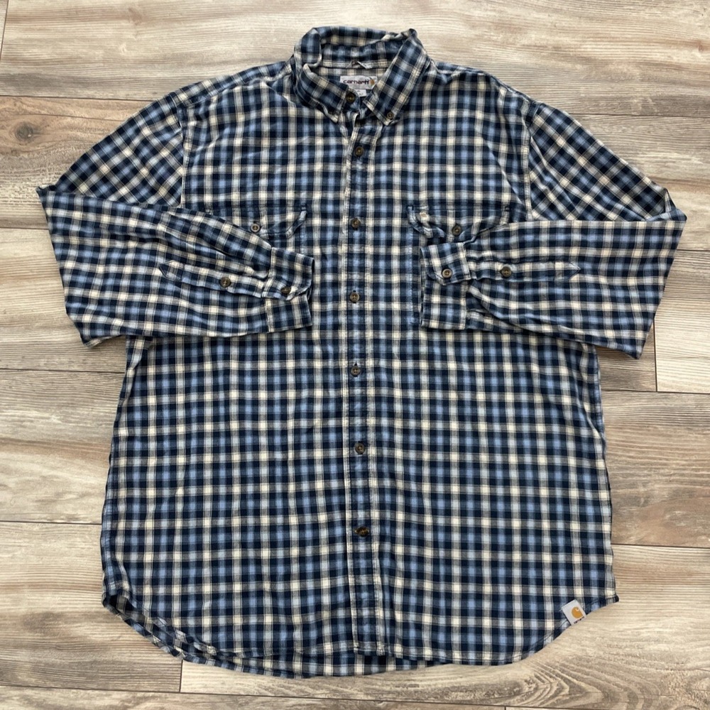 Carhartt Relaxed Fit Flex Plaid Flannel Shirt Mens XL Blue Long Sleeve Button Up